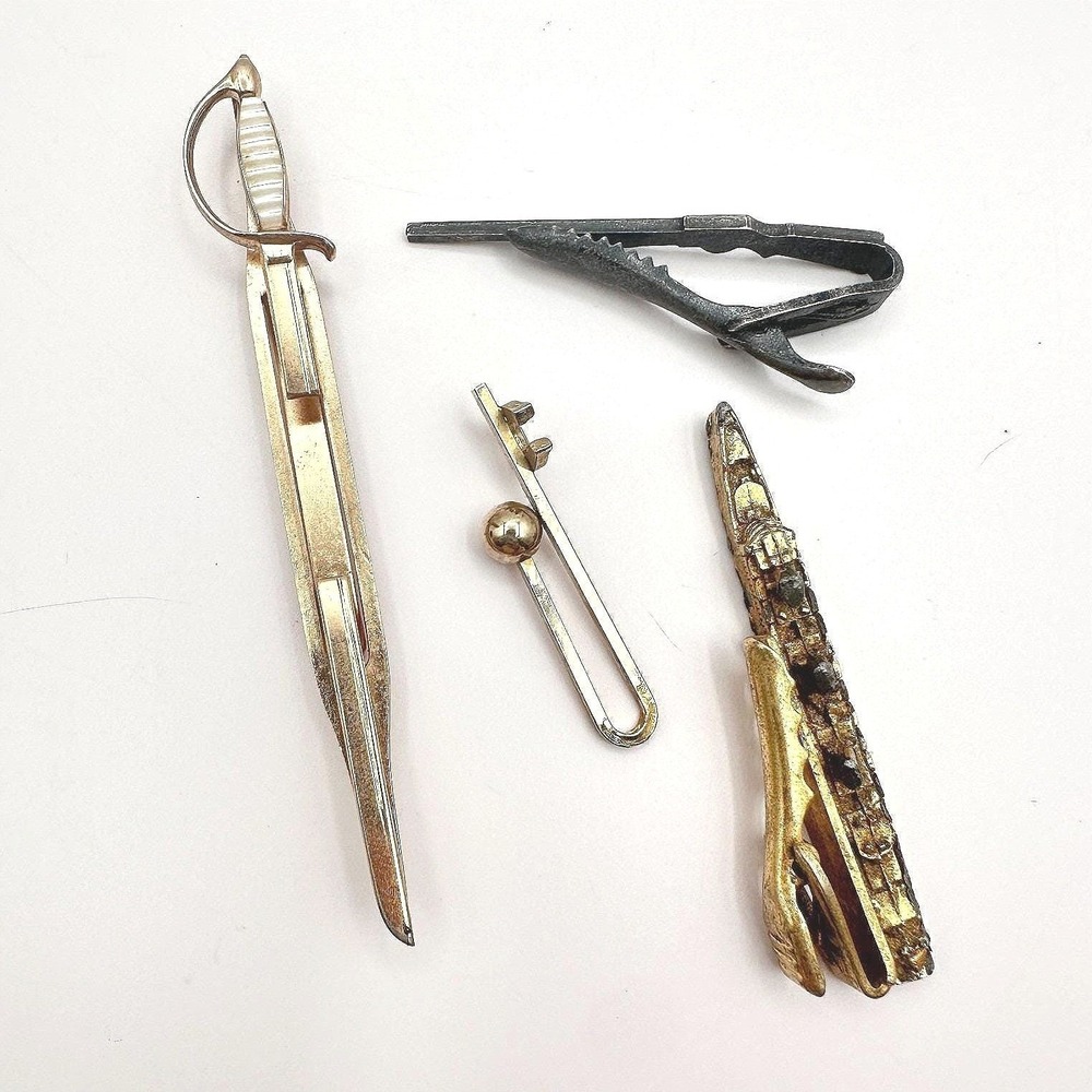 Vintage 90s Men's Tie Clip Bar Clasp Lot Gold Silver Tone‎ Novelty Sword Jewelry